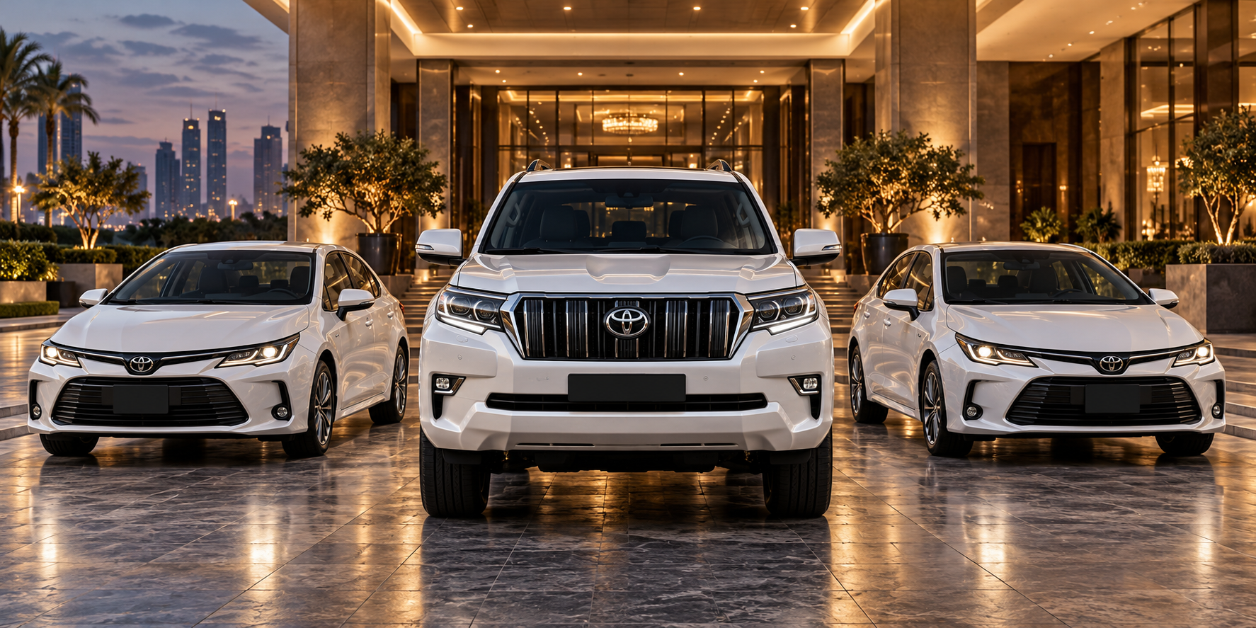 White Prado TXL with two white Corolla sedans